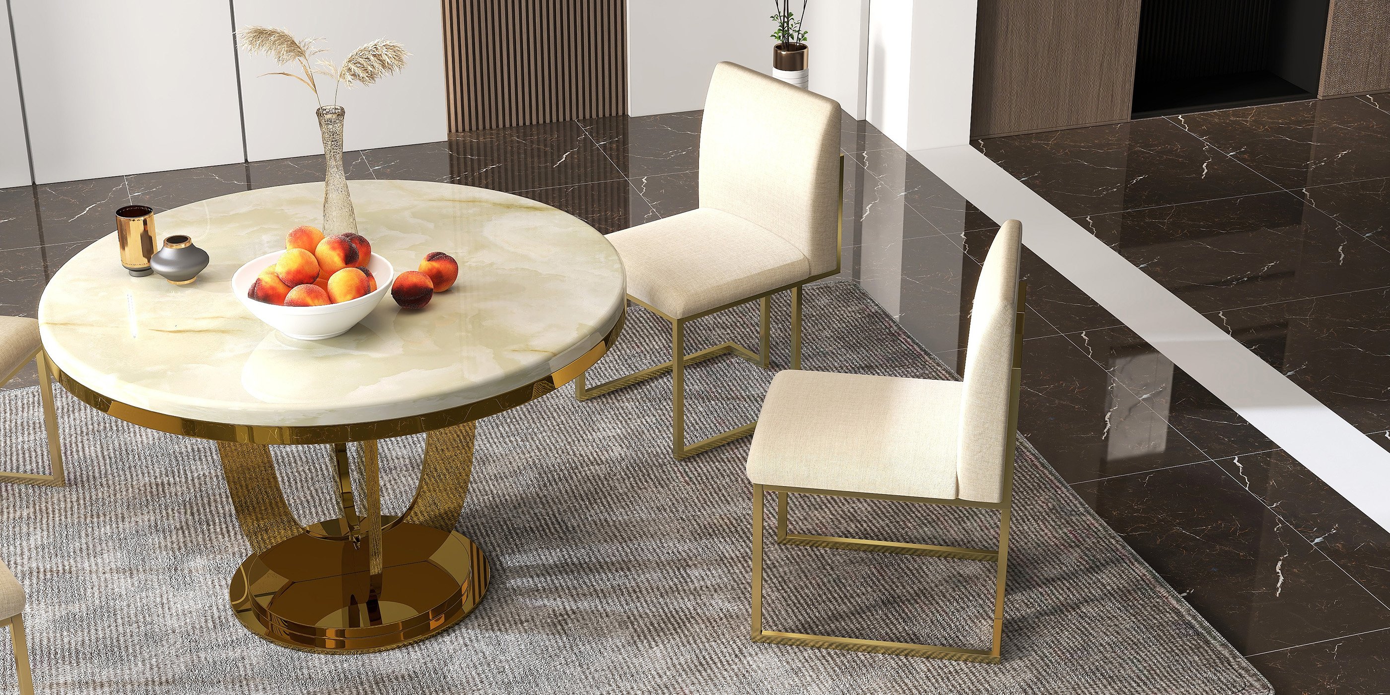HMR - Round Dining Table with Stainless Steel Base in 47"L, Beige