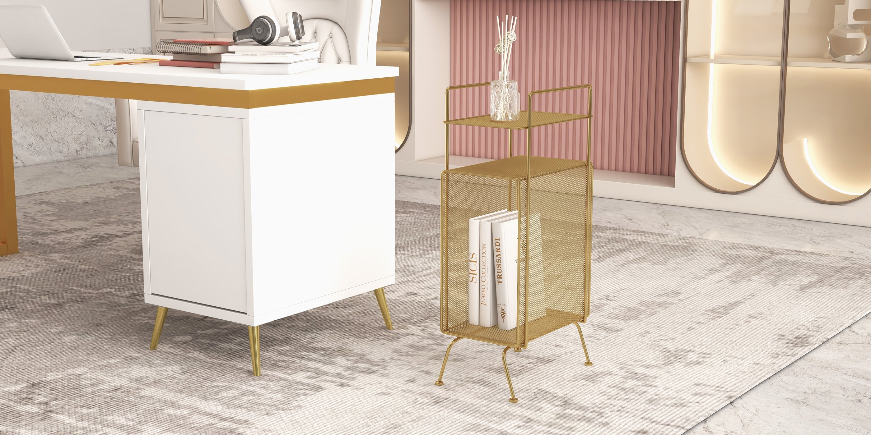 HMR - Mid-Century Rectangular 2-Shelf Bookcase in Gold