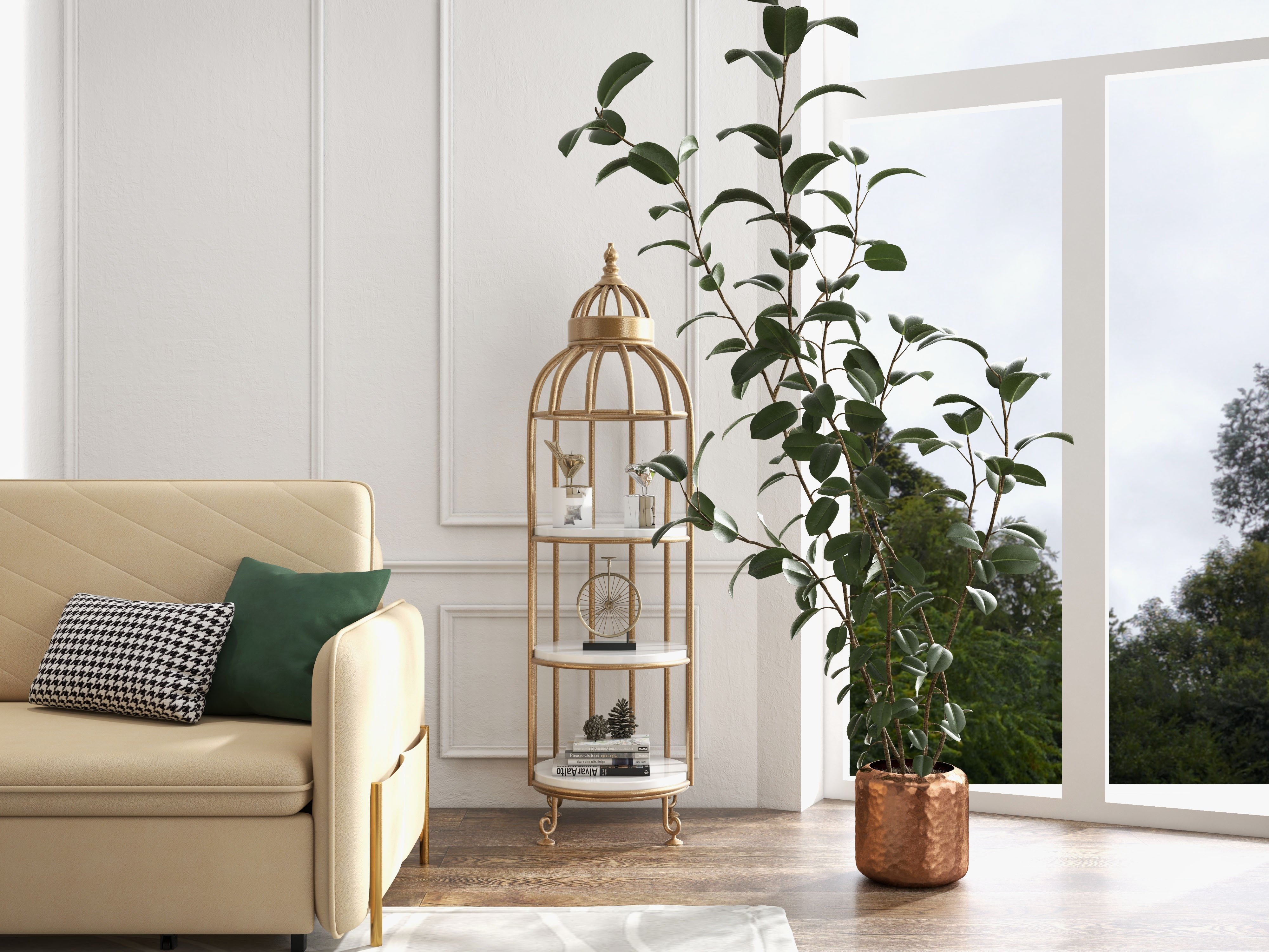 HMR - Bird Cage Shaped Plant Flower Stand in Gold