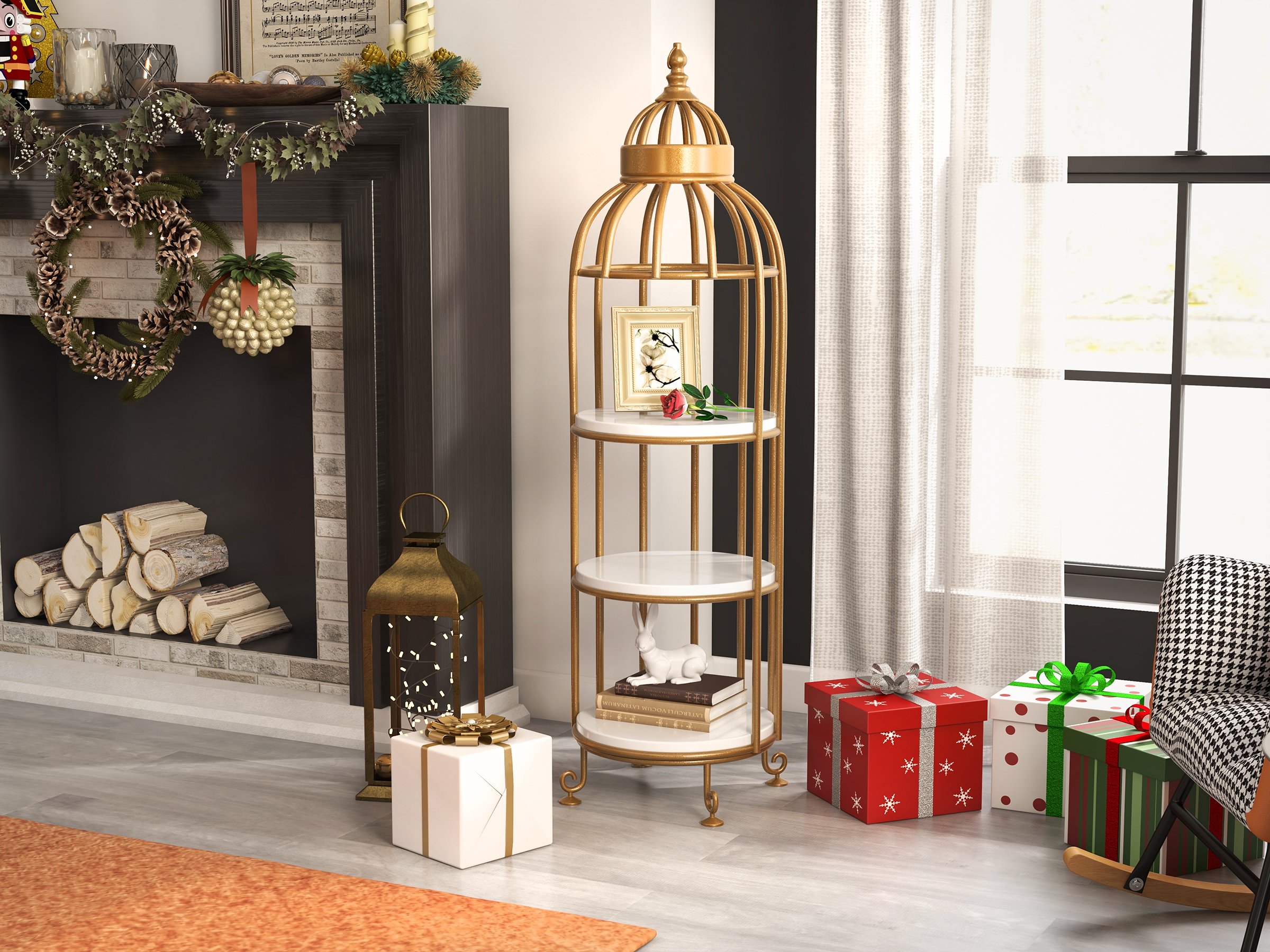 HMR - Bird Cage Shaped Plant Flower Stand in Gold