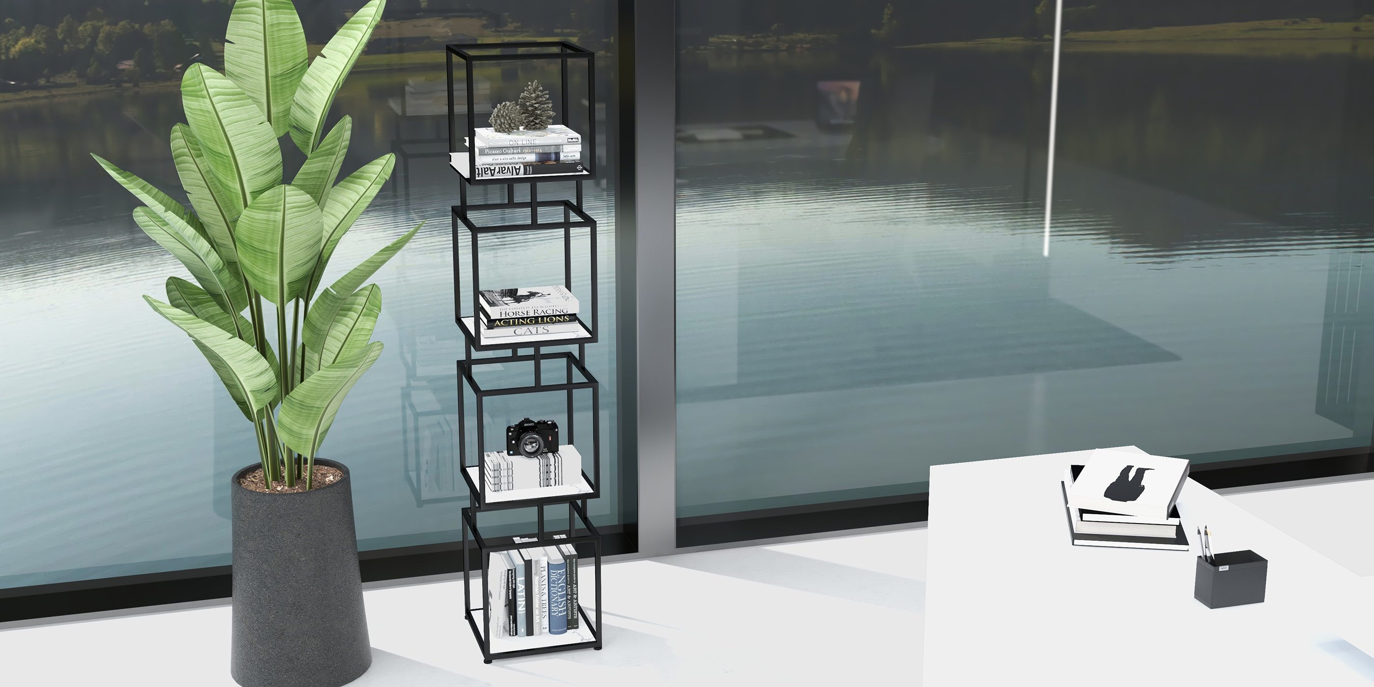 HMR Modern Cube 4-Tier Bookcase with Metal Tower Display - Black