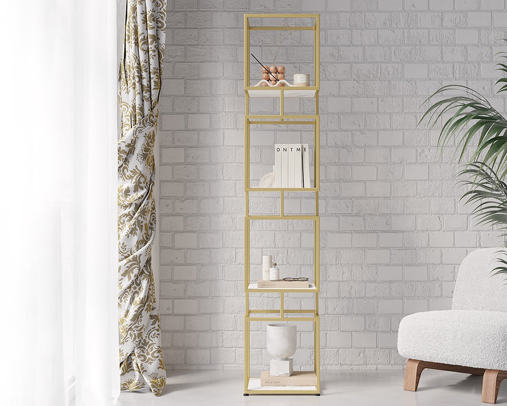 HMR Modern Cube 4-Tier Bookcase with Metal Tower Display - Gold