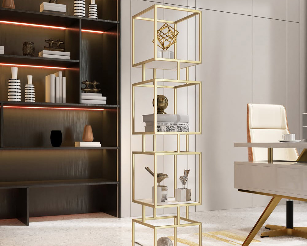 HMR Modern Cube 4-Tier Bookcase with Metal Tower Display - Gold