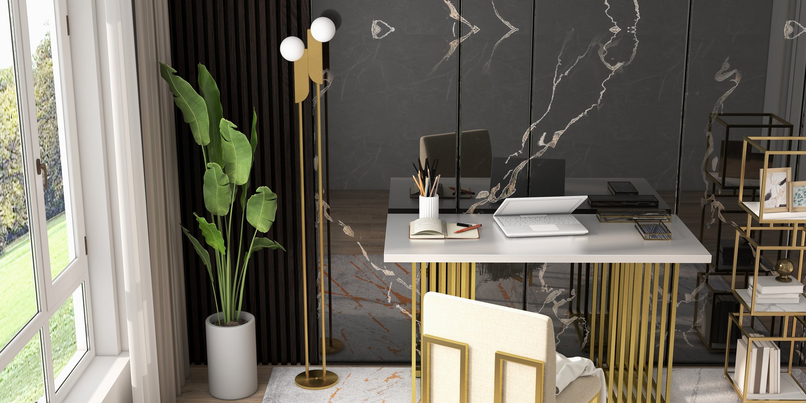 HMR Modern Cube 4-Tier Bookcase with Metal Tower Display - Gold