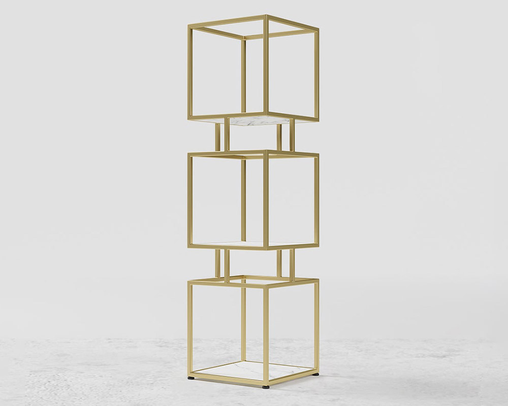 HMR Modern Cube 3-Tier Bookcase with Metal Tower Display - Gold
