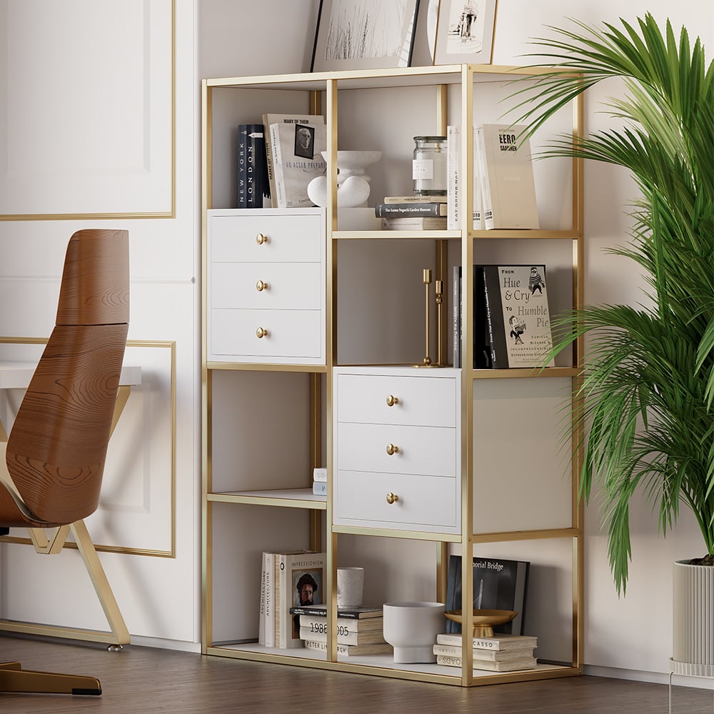 HMR - Geometric 6 Shelves and 6 Drawers Bookcase in White and Gold