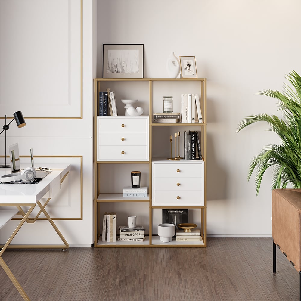 HMR - Geometric 6 Shelves and 6 Drawers Bookcase in White and Gold