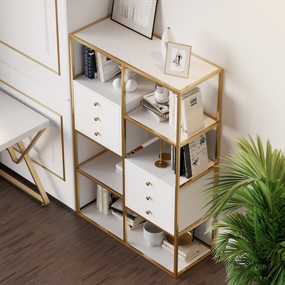 HMR - Geometric 6 Shelves and 6 Drawers Bookcase in White and Gold