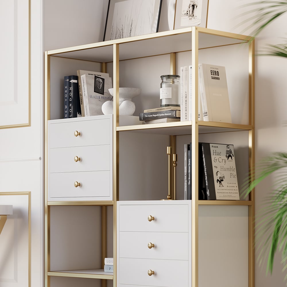 HMR - Geometric 6 Shelves and 6 Drawers Bookcase in White and Gold