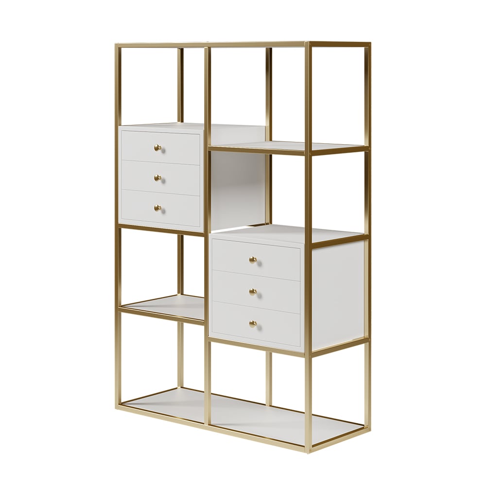 HMR - Geometric 6 Shelves and 6 Drawers Bookcase in White and Gold