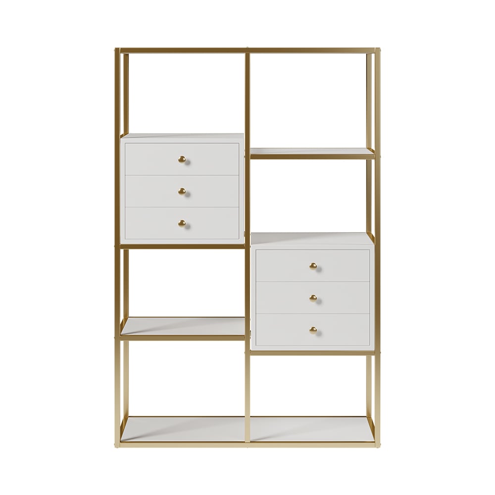 HMR - Geometric 6 Shelves and 6 Drawers Bookcase in White and Gold