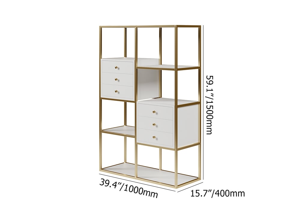 HMR - Geometric 6 Shelves and 6 Drawers Bookcase in White and Gold