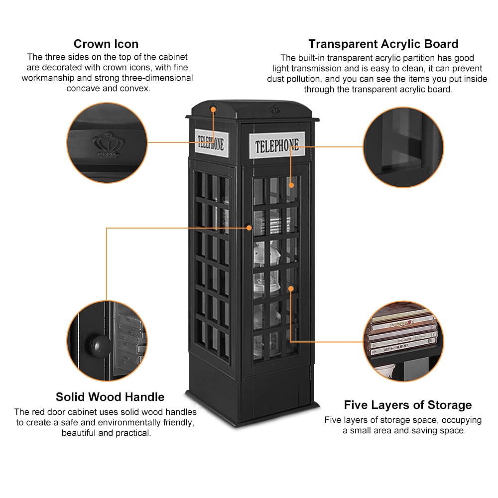 HMR Phone Booth-Shaped Retro Kid's Bookcase - Black