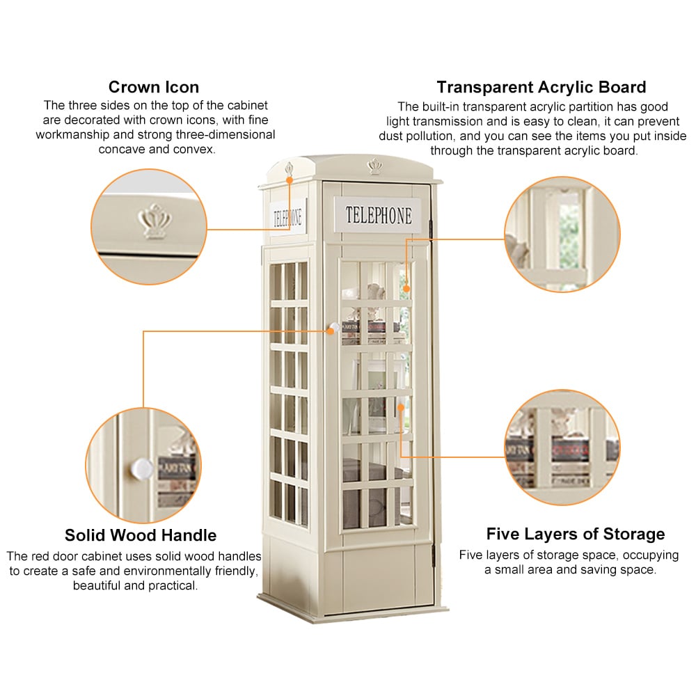 HMR Phone Booth-Shaped Retro Kid's Bookcase - Milky White