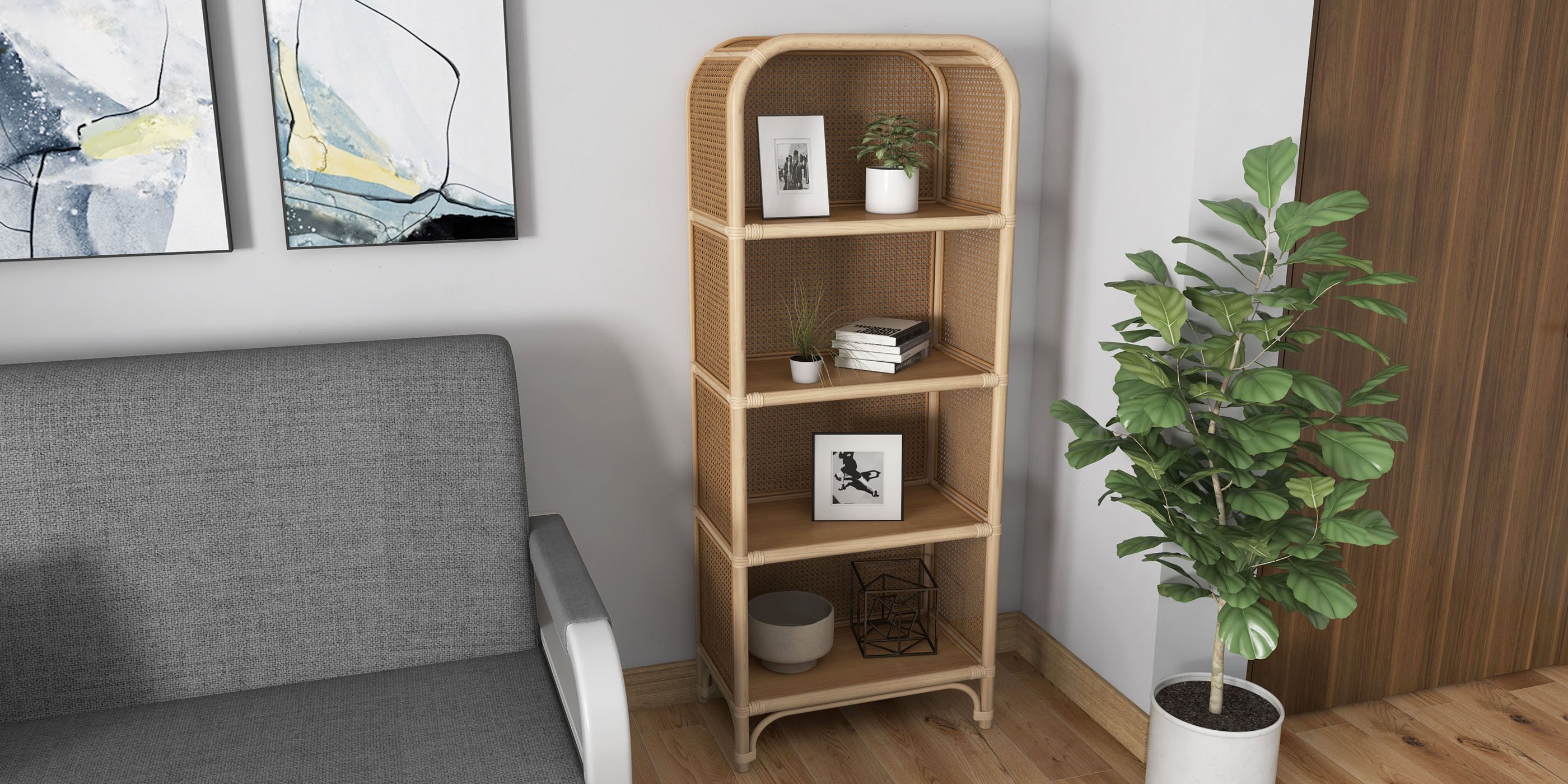 HMR - 59" Rattan Woven 4-Tier Display Bookshelf in Natural