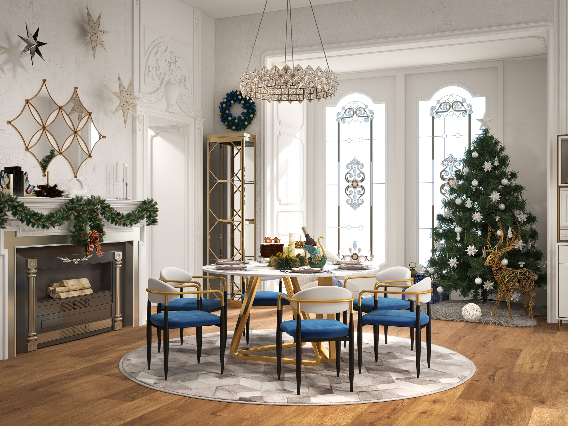 HMR Otrast Series Modern Dining Chairs with PU Leather Upholstery - Blue & White, 2-Pieces