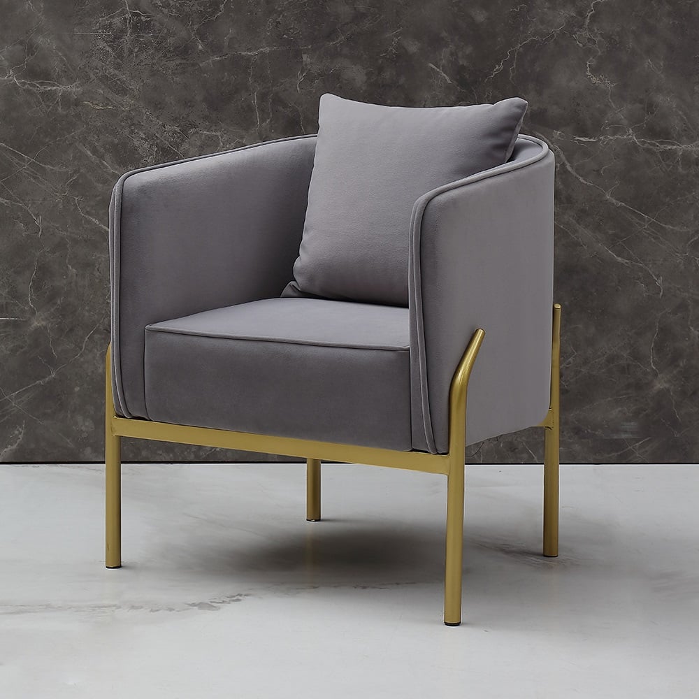 HMR - Velvet Accent Chair with Gold Legs and Pillow in Gray