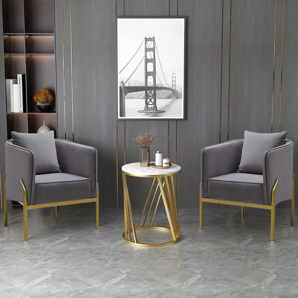 HMR - Velvet Accent Chair with Gold Legs and Pillow in Gray