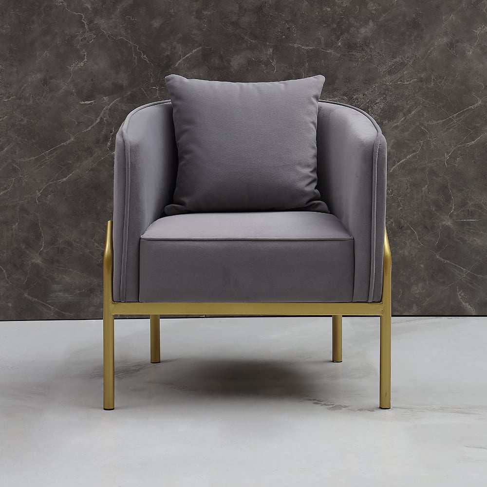 HMR - Velvet Accent Chair with Gold Legs and Pillow in Gray