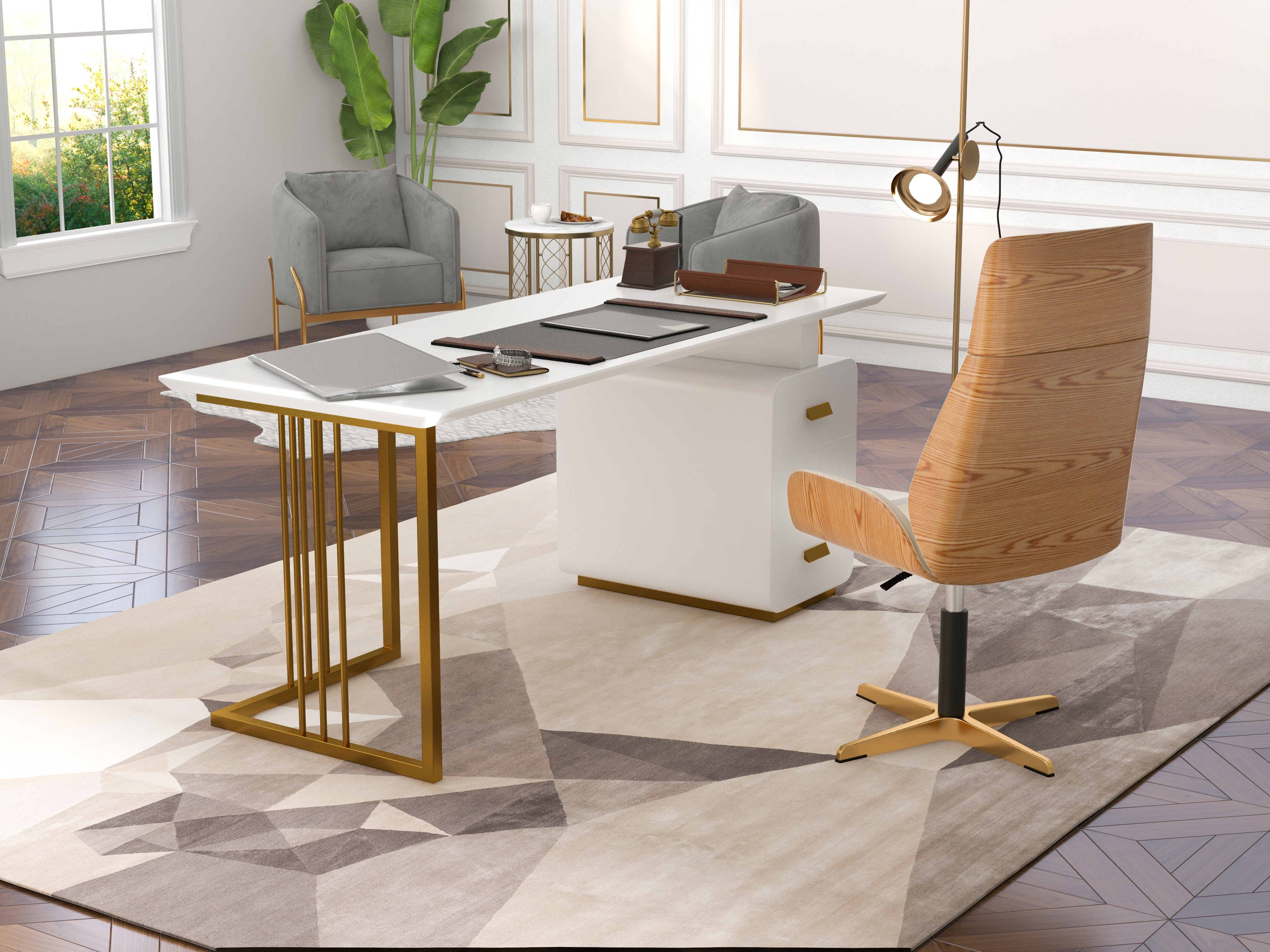HMR - Velvet Accent Chair with Gold Legs and Pillow in Gray