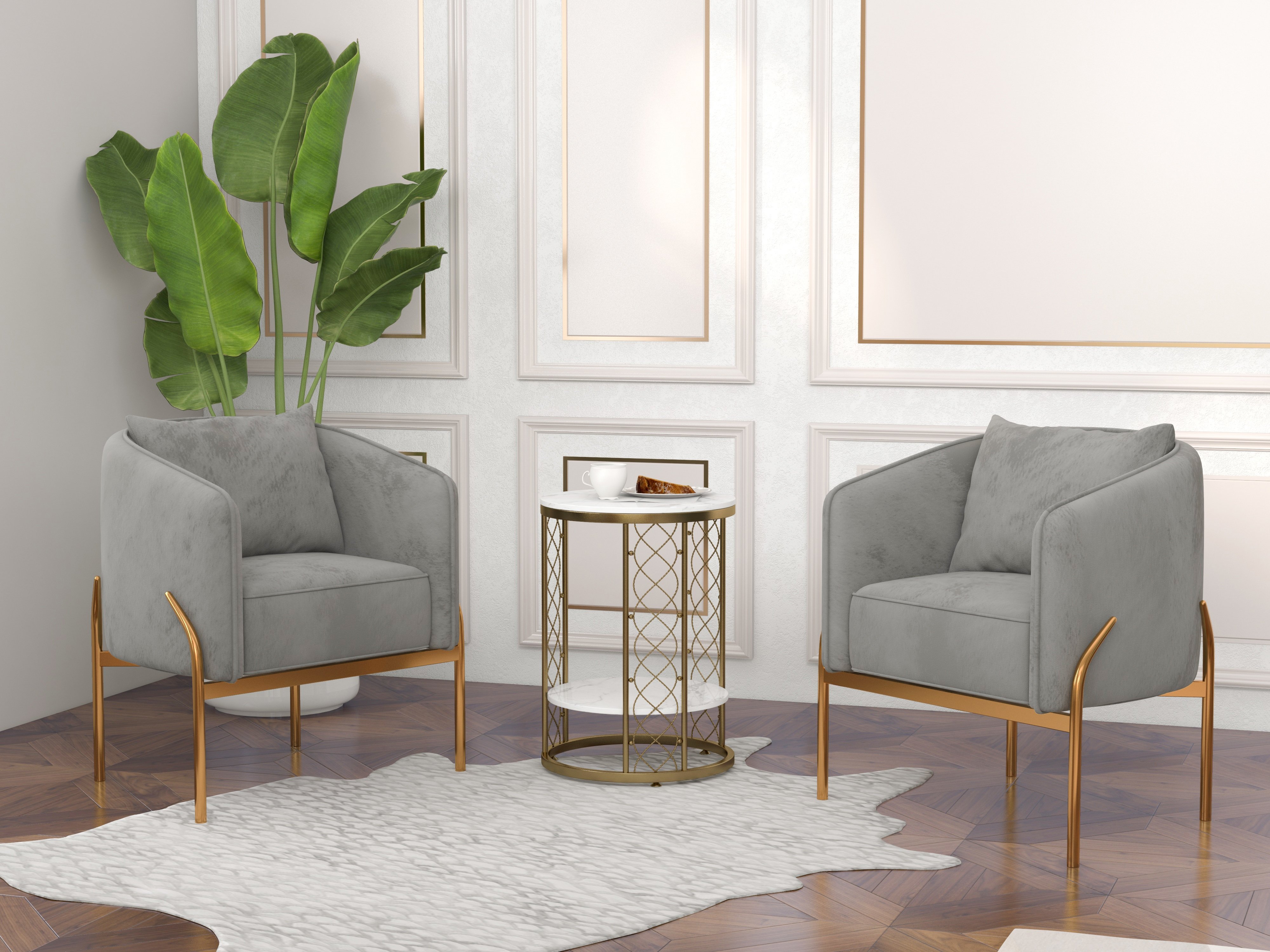 HMR - Velvet Accent Chair with Gold Legs and Pillow in Gray