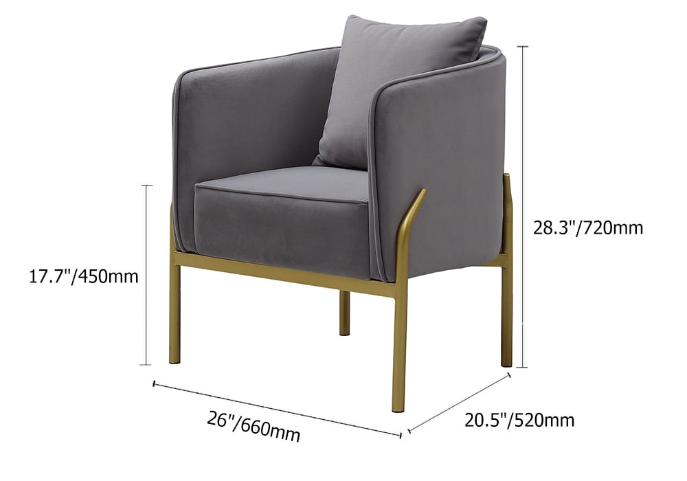 HMR - Velvet Accent Chair with Gold Legs and Pillow in Gray