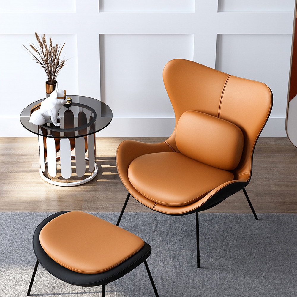 HMR - Accent Chair PU Leather Upholstery with Pillow in Orange and Black