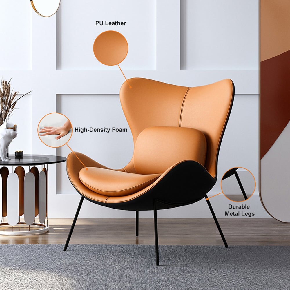 HMR - Accent Chair PU Leather Upholstery with Pillow in Orange and Black