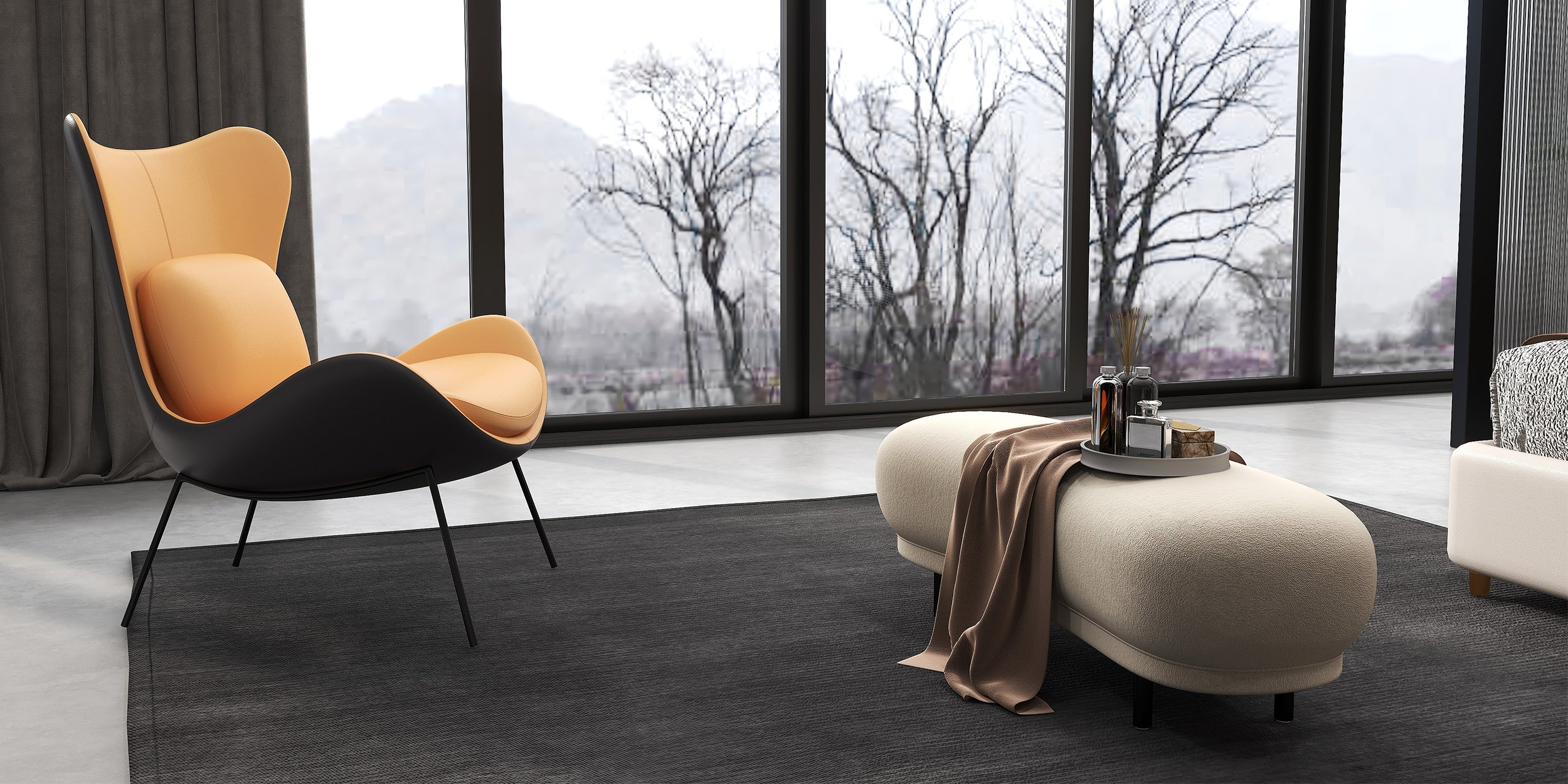 HMR - Accent Chair PU Leather Upholstery with Pillow in Orange and Black