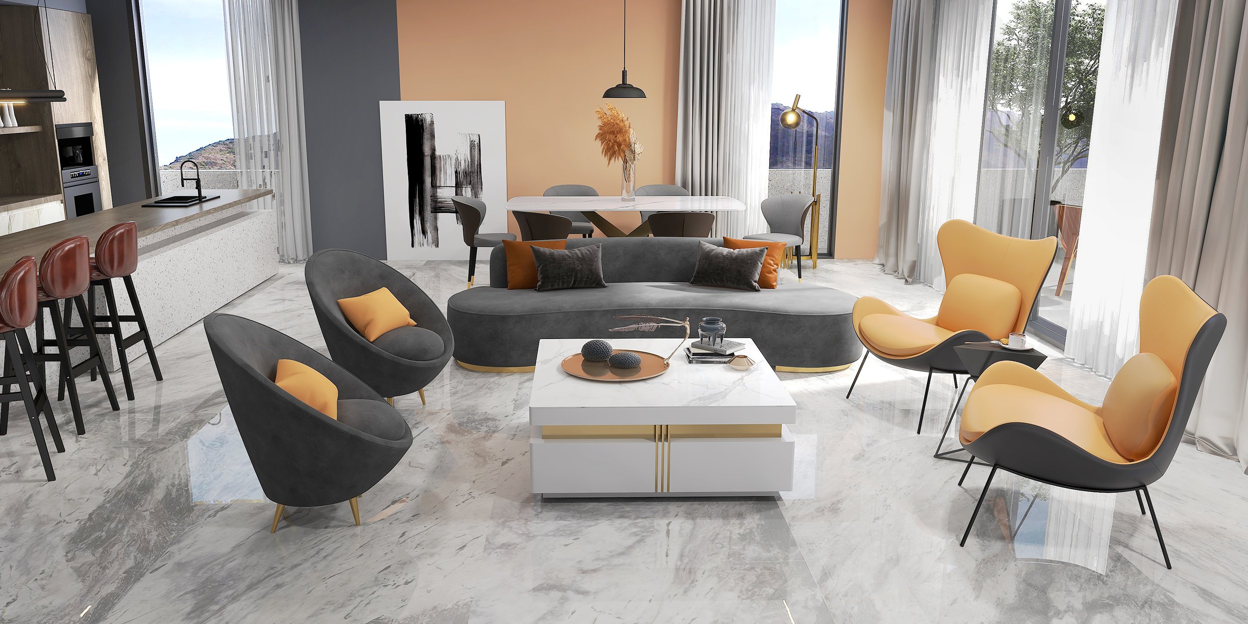 HMR - Accent Chair PU Leather Upholstery with Pillow in Orange and Black