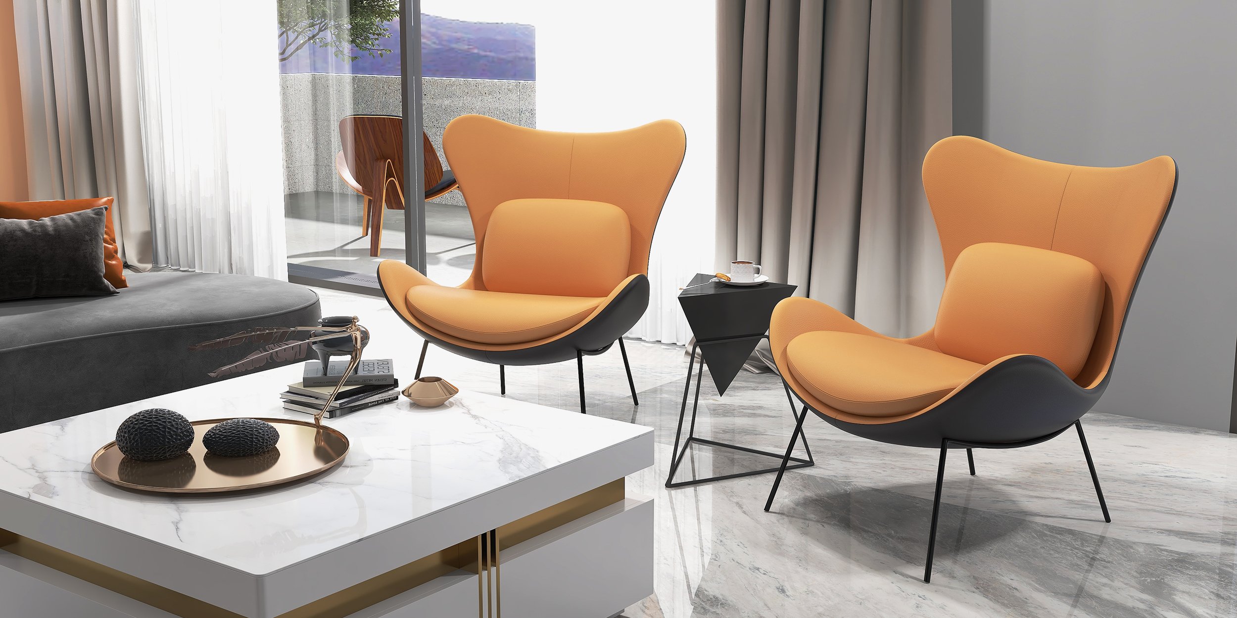HMR - Accent Chair PU Leather Upholstery with Pillow in Orange and Black