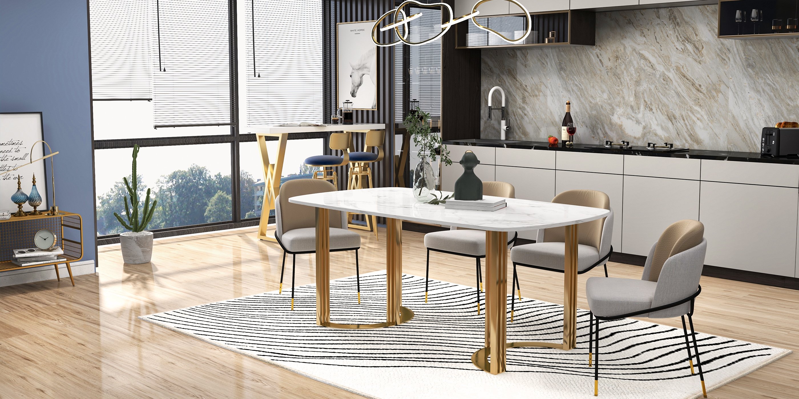 HMR Modern Dining Chairs with PU Leather and Linen Upholstery (Set of 2) - Khaki