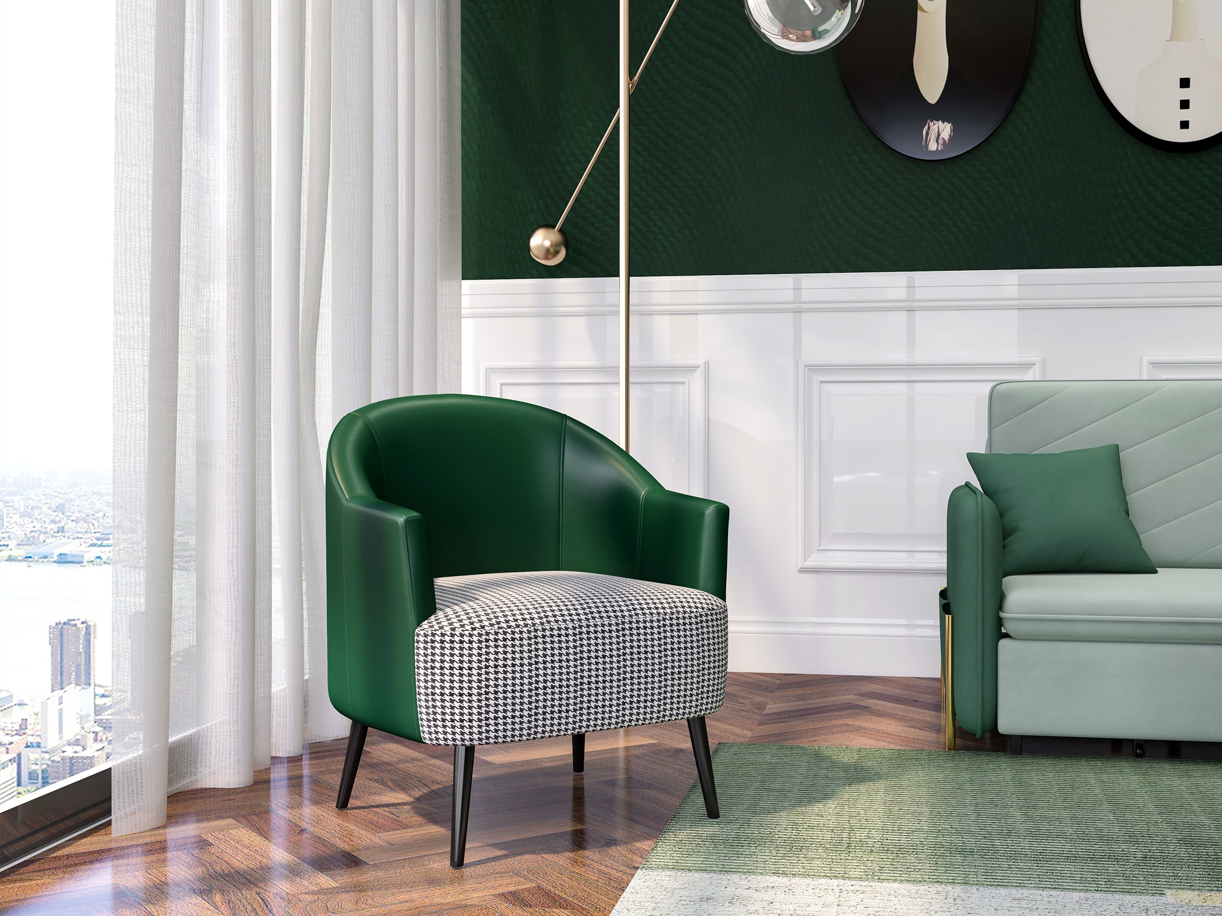HMR Modern Houndstooth Accent Chair with Linen Upholstery - Green