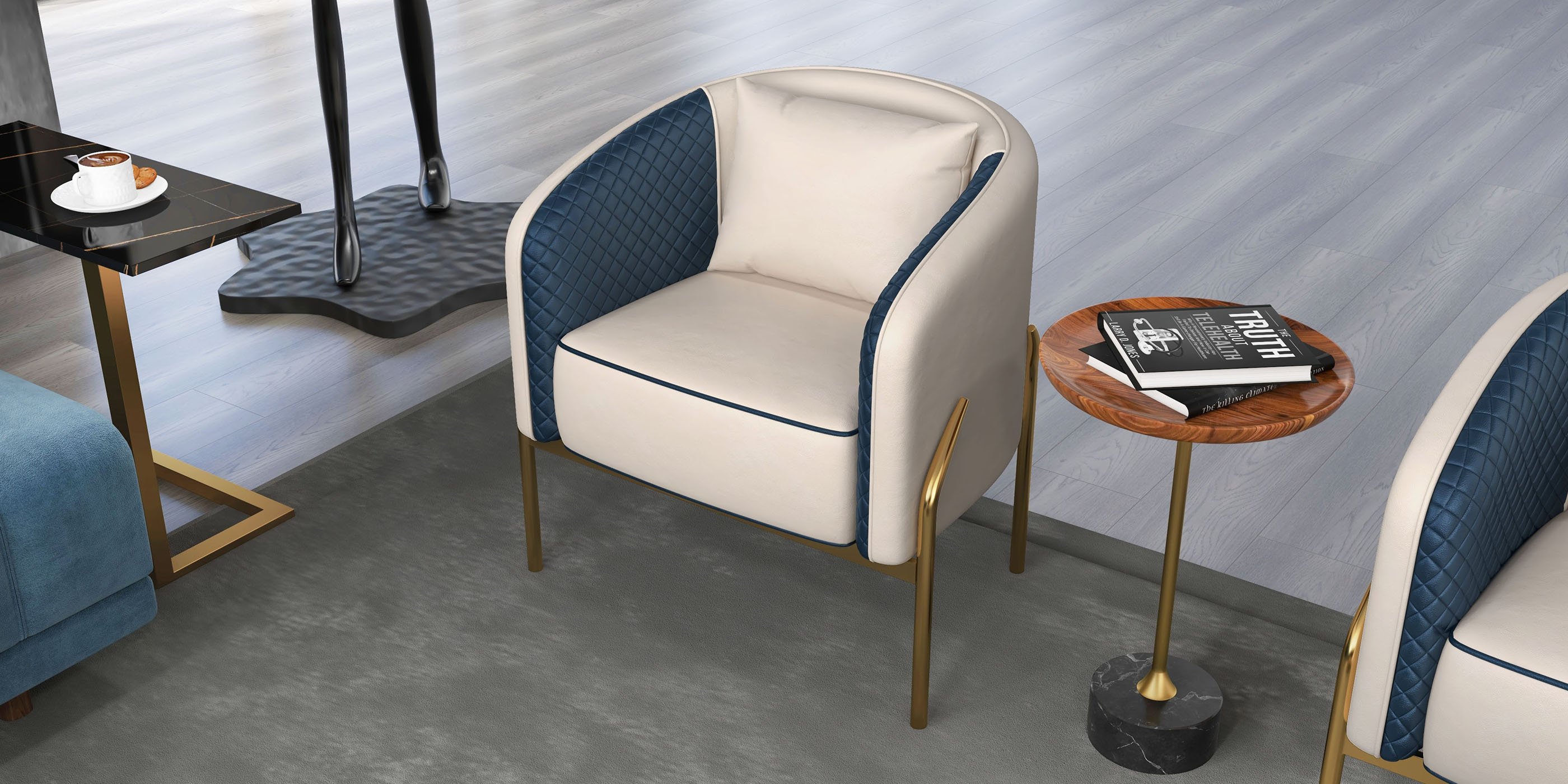 HMR - Accent Chair Tufted Upholstered PU Leather in Gold