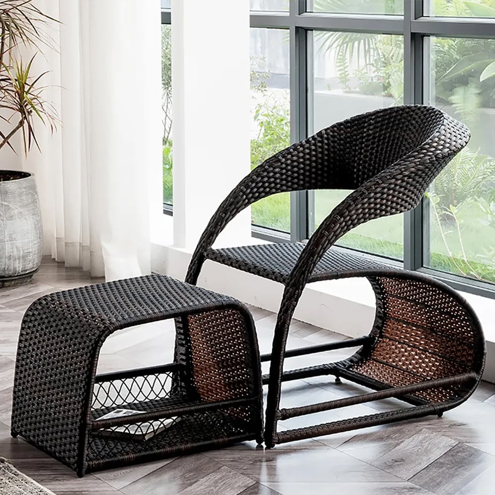 HMR - Outdoor PE Rattan Recliner Chair with Ottoman and Storage (2-Piece Set) in Coffee