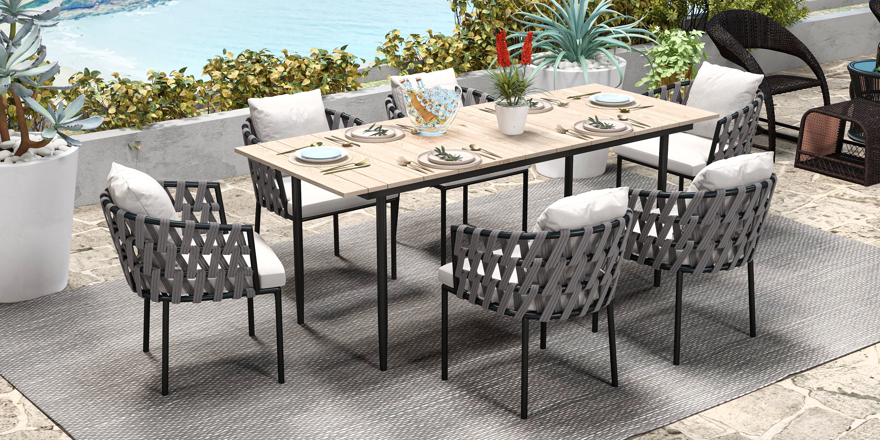 HMR - Outdoor PE Rattan Recliner Chair with Ottoman and Storage (2-Piece Set) in Coffee
