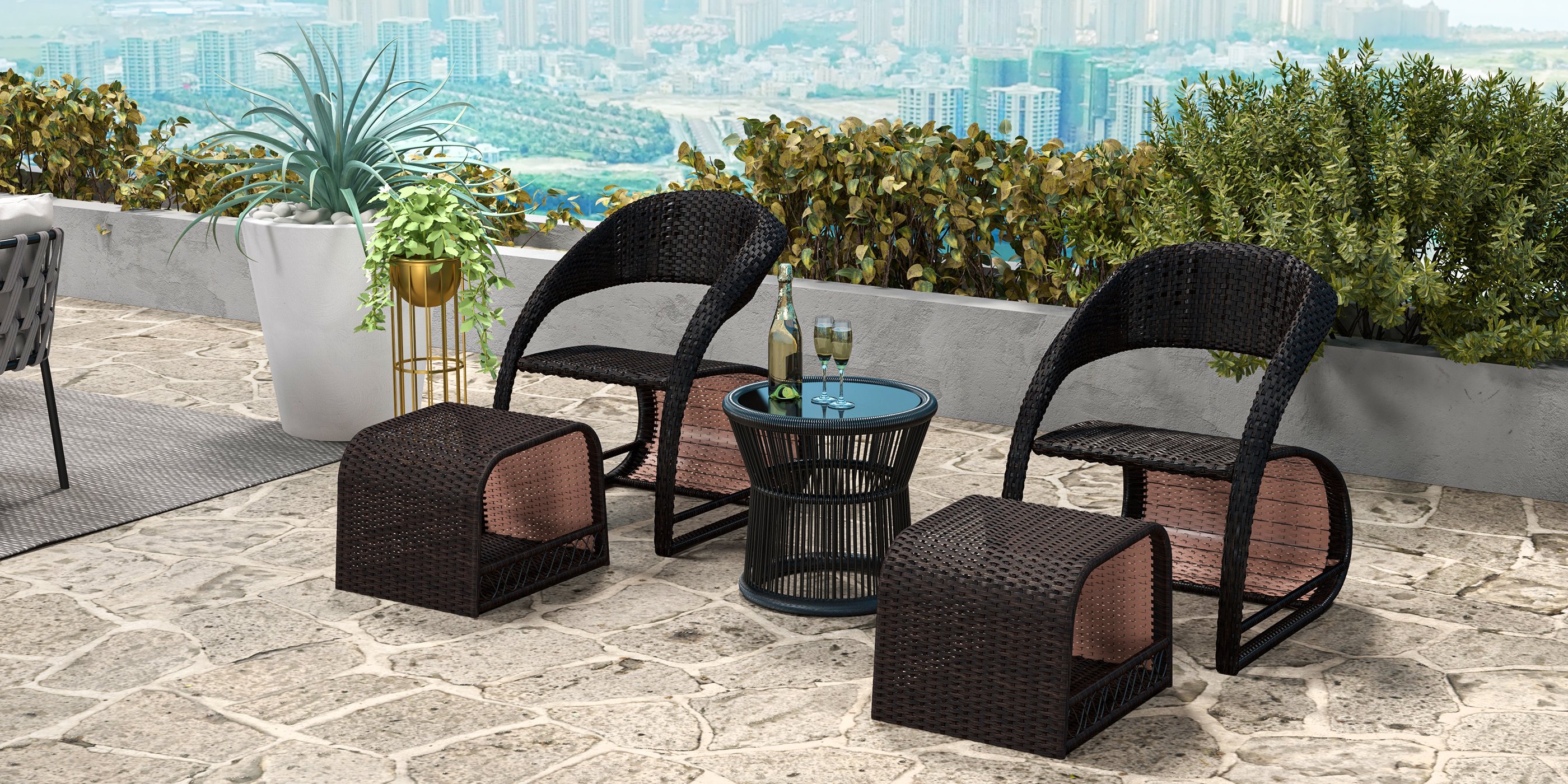 HMR - Outdoor PE Rattan Recliner Chair with Ottoman and Storage (2-Piece Set) in Coffee