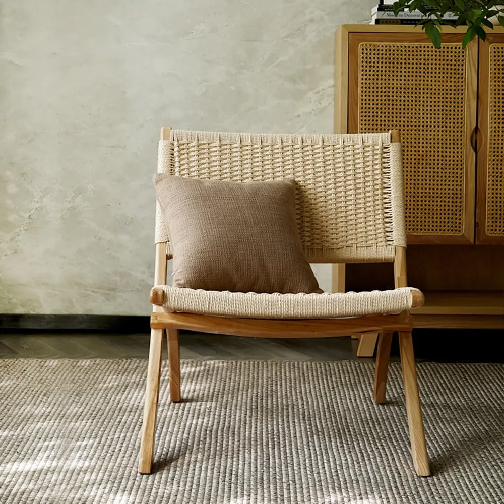 HMR - Folding Recliner Chair Ash Wood Woven Hemp Rope in Natural