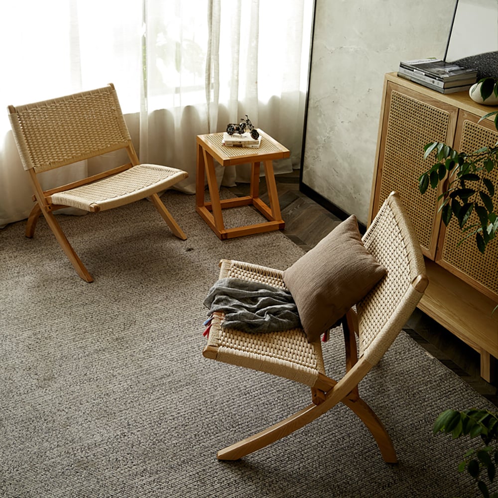 HMR - Folding Recliner Chair Ash Wood Woven Hemp Rope in Natural