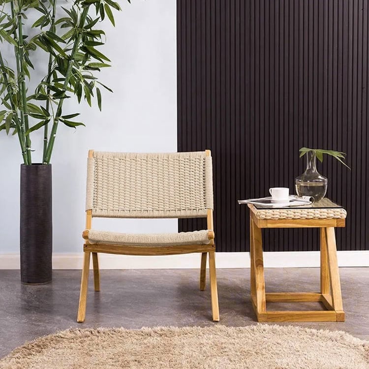 HMR - Folding Recliner Chair Ash Wood Woven Hemp Rope in Natural