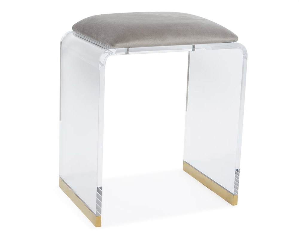 HMR Velvet Upholstered and Acrylic Frame Makeup Vanity Stool and Clear Ottoman - Gray, 16.1"W x 11.4"D x 19.7"H