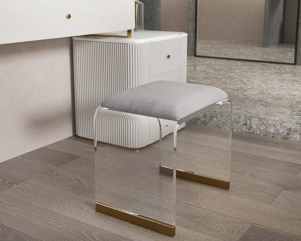 HMR Velvet Upholstered and Acrylic Frame Makeup Vanity Stool and Clear Ottoman - Gray, 12.6"W x 9.1"D x 12.2"H