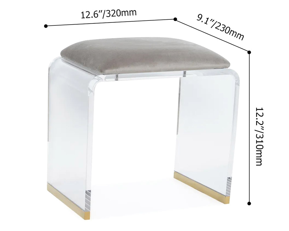 HMR Velvet Upholstered and Acrylic Frame Makeup Vanity Stool and Clear Ottoman - Gray, 12.6"W x 9.1"D x 12.2"H