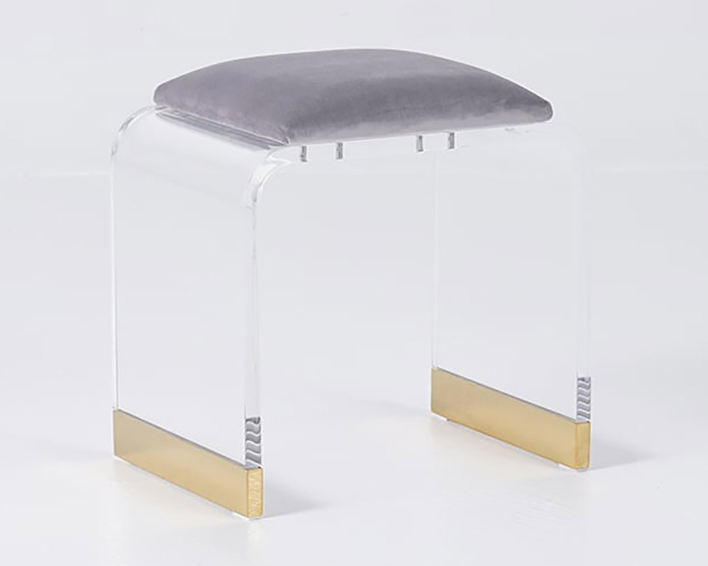 HMR Velvet Upholstered and Acrylic Frame Makeup Vanity Stool and Clear Ottoman - Gray, 12.6"W x 9.1"D x 12.2"H