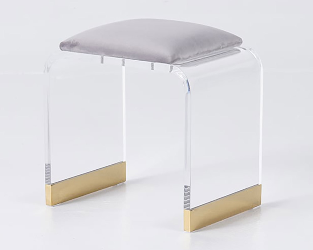 HMR Velvet Upholstered and Acrylic Frame Makeup Vanity Stool and Clear Ottoman - Gray, 12.6"W x 9.1"D x 12.2"H