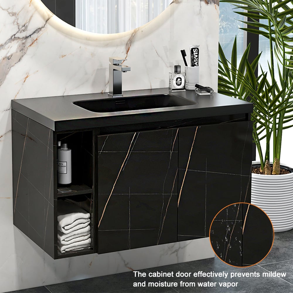 HMR Wall-Hung Bathroom Vanity with Top Stone Slate Vessel/Sink - Black, Faux Marble