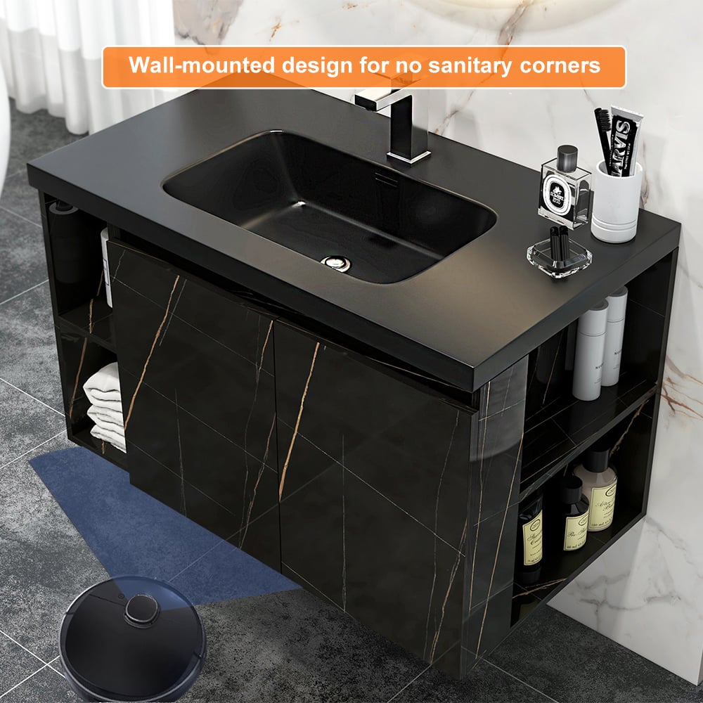 HMR Wall-Hung Bathroom Vanity with Top Stone Slate Vessel/Sink - Black, Faux Marble