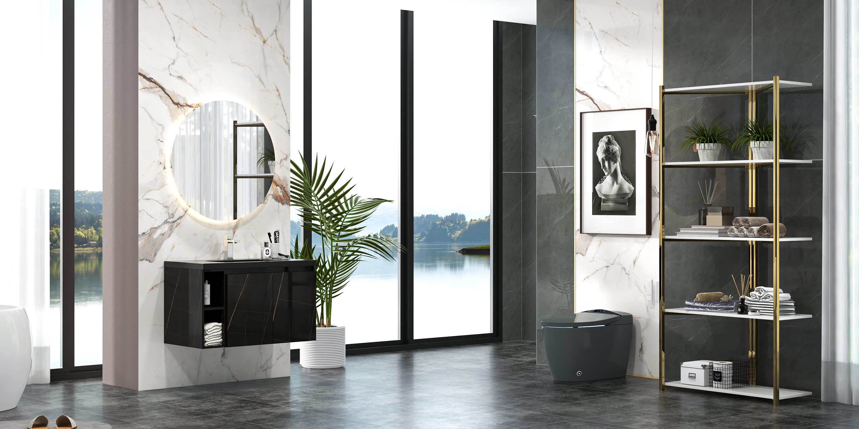 HMR Wall-Hung Bathroom Vanity with Top Stone Slate Vessel/Sink - Black, Faux Marble