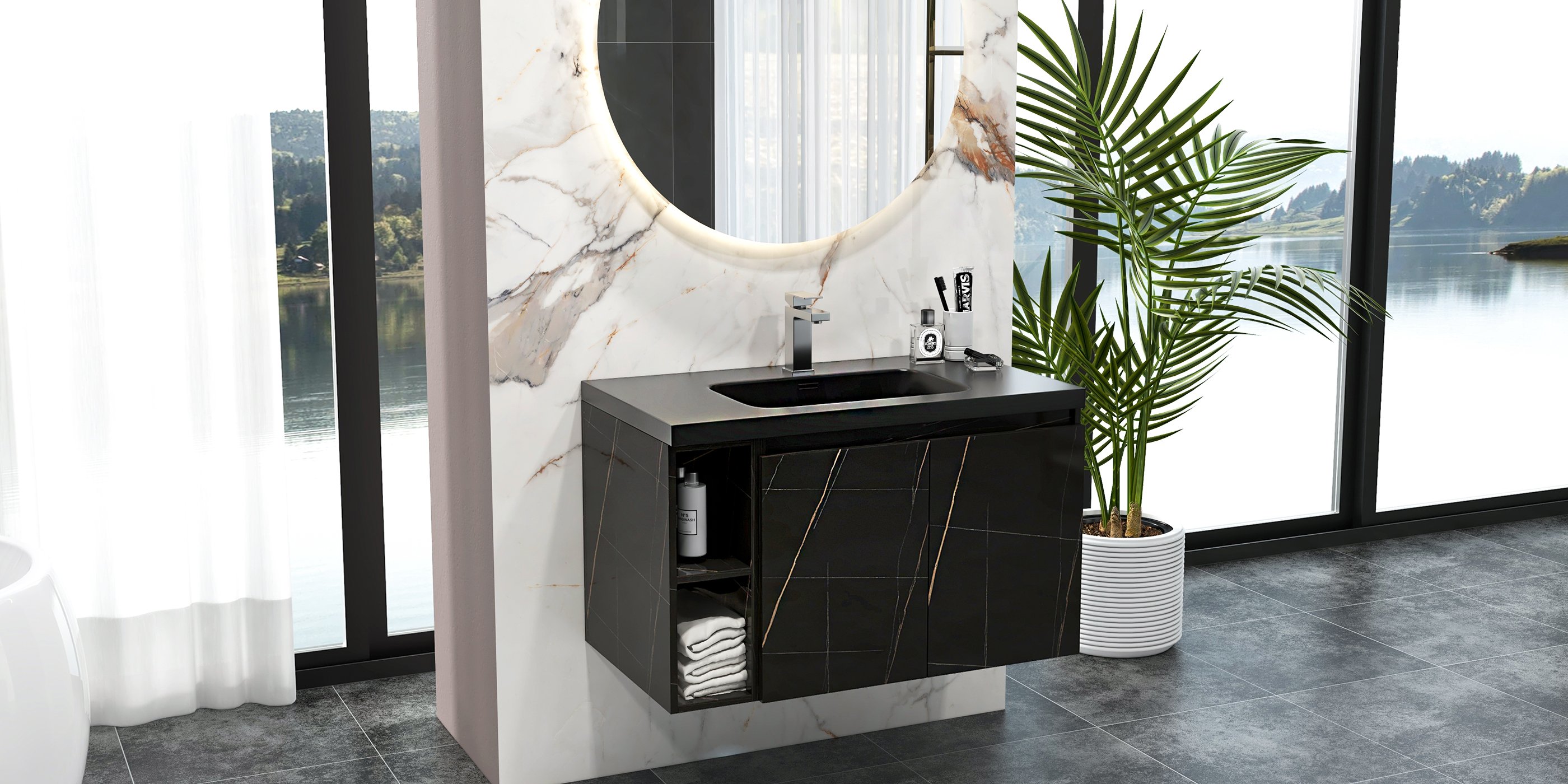 HMR Wall-Hung Bathroom Vanity with Top Stone Slate Vessel/Sink - Black, Faux Marble