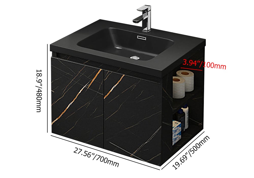 HMR Wall-Hung Bathroom Vanity with Top Stone Slate Vessel/Sink - Black, Faux Marble